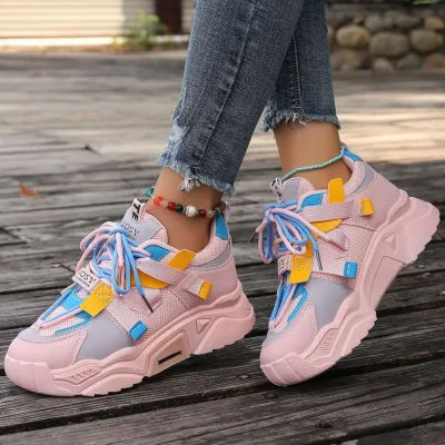 Women Retro Fashion Breathable Round Toe Lace Up Thick Soled Sneakers