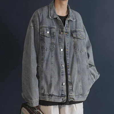 Men Fashion Casual Spring Autumn Plus Size Long Sleeve Lapel Denim Jacket