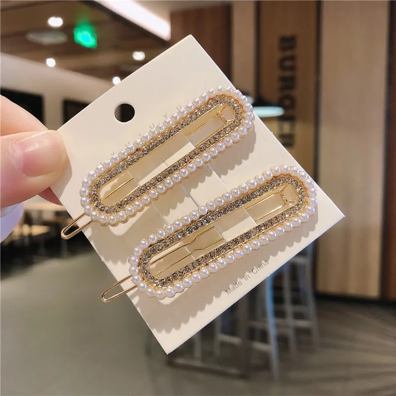 Women Fashion Paper Clip Rhinestone Pearl Hair Clip