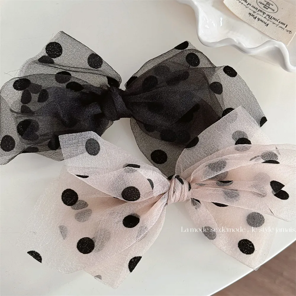 Women Fashion Mesh Dot Bow Spring Clip Hairpin