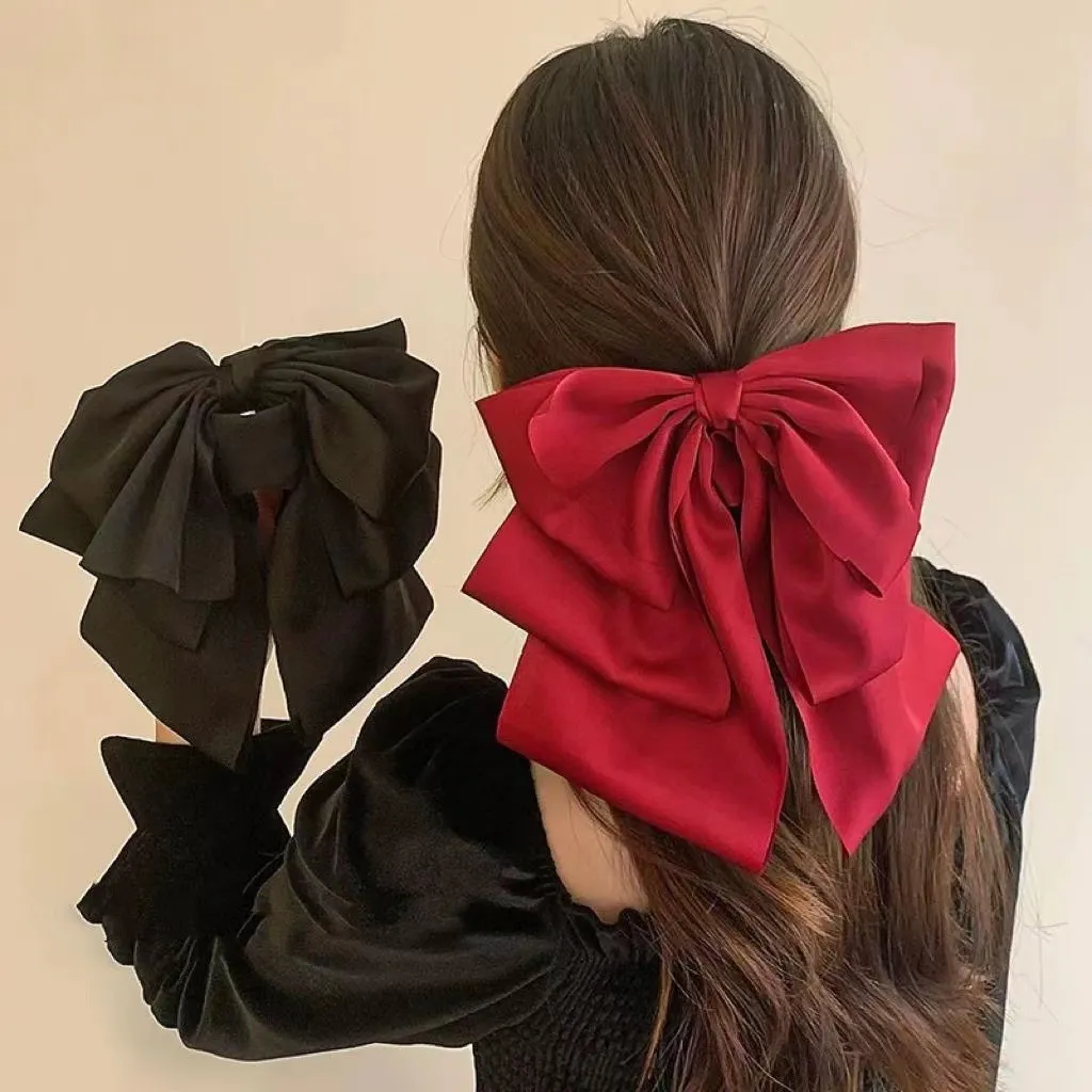 Women's Fashion Solid Color Black Satin Big Bow Hair Claw Jewelry Accessories