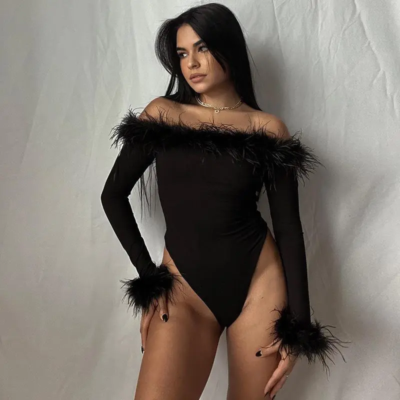 Women's Feather Off Shoulder Long Sleeve Bodysuit - Korean Velvet High Waist