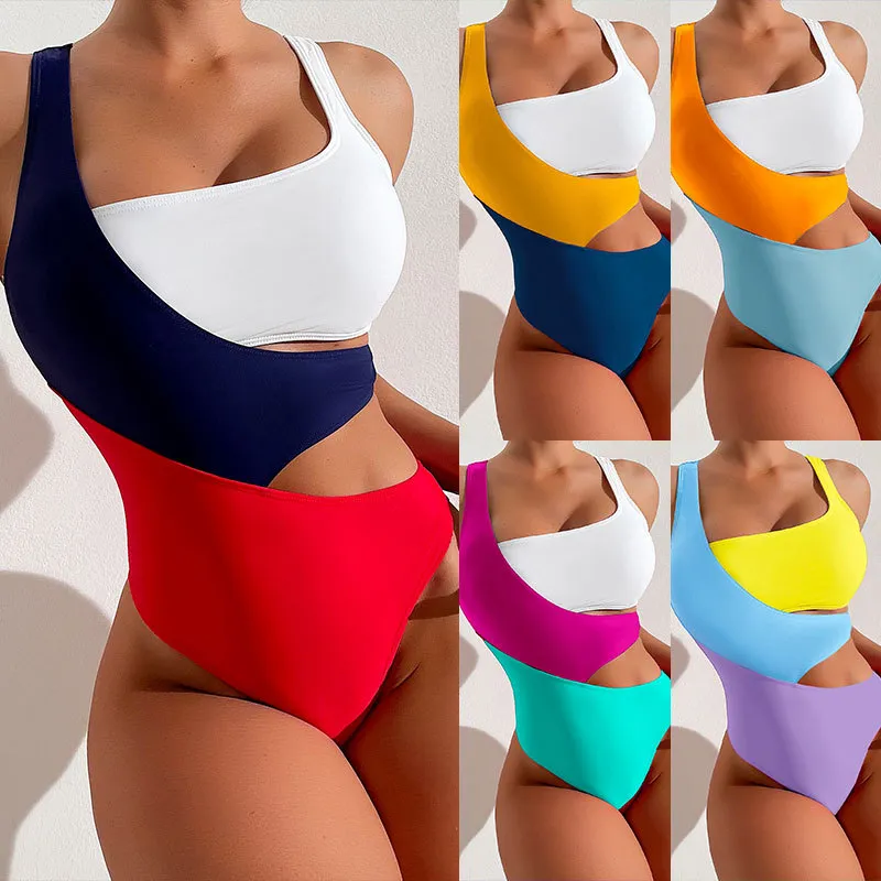 Women Sexy Color Block Hollow One-Piece Swimsuit