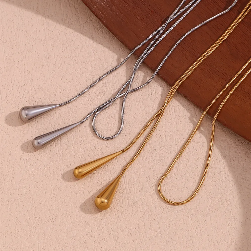 Fashion Simple Two Water Drop Snake Chain Stainless Steel Plated 18K Gold Pendant Necklace