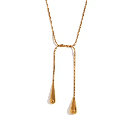 Fashion Simple Two Water Drop Snake Chain Stainless Steel Plated 18K Gold Pendant Necklace
