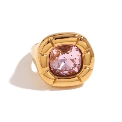 Fashion Retro Ring Women Stainless Steel Plated 18k Gold Square Zircon Earrings Necklace Set