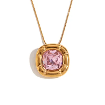 Fashion Retro Ring Women Stainless Steel Plated 18k Gold Square Zircon Earrings Necklace Set