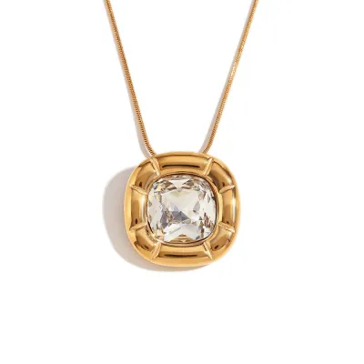 Fashion Retro Ring Women Stainless Steel Plated 18k Gold Square Zircon Earrings Necklace Set