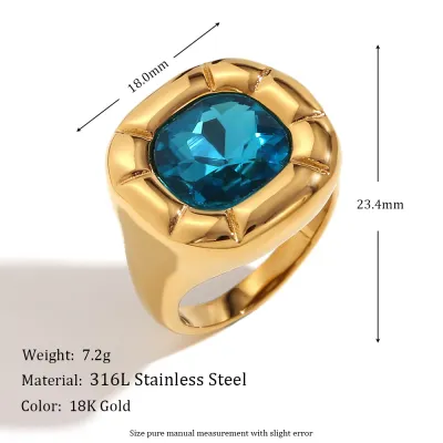 Fashion Retro Ring Women Stainless Steel Plated 18k Gold Square Zircon Earrings Necklace Set