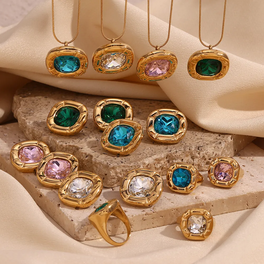 Fashion Retro Ring Women Stainless Steel Plated 18k Gold Square Zircon Earrings Necklace Set