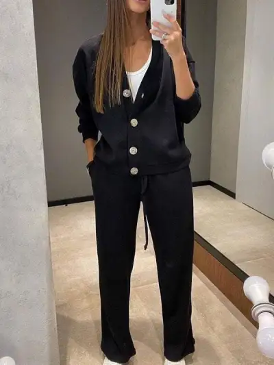 Autumn Winter Athleisure Women Plus Size Solid French Cashmere Cardigan Top Pants Set