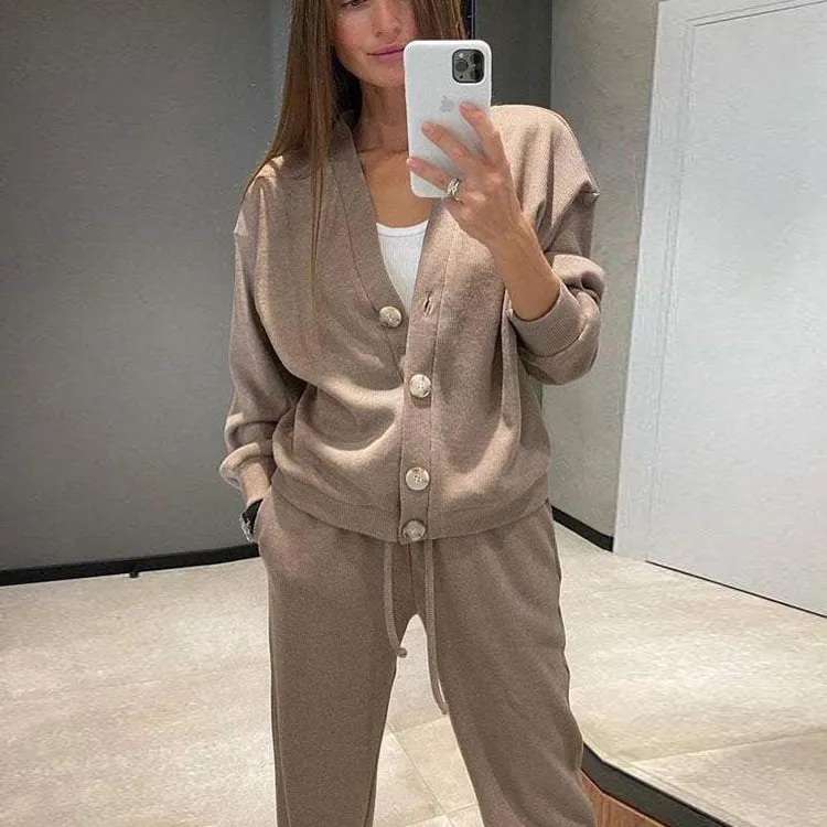 Autumn Winter Athleisure Women Plus Size Solid French Cashmere Cardigan Top Pants Set