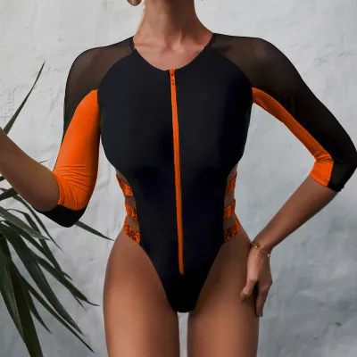 Women Fashionable Sexy Long Sleeve Color-Matching Hollow Zipper One-Piece Swimsuit
