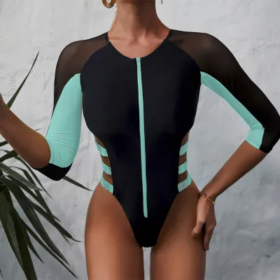 Women Fashionable Sexy Long Sleeve Color-Matching Hollow Zipper One-Piece Swimsuit