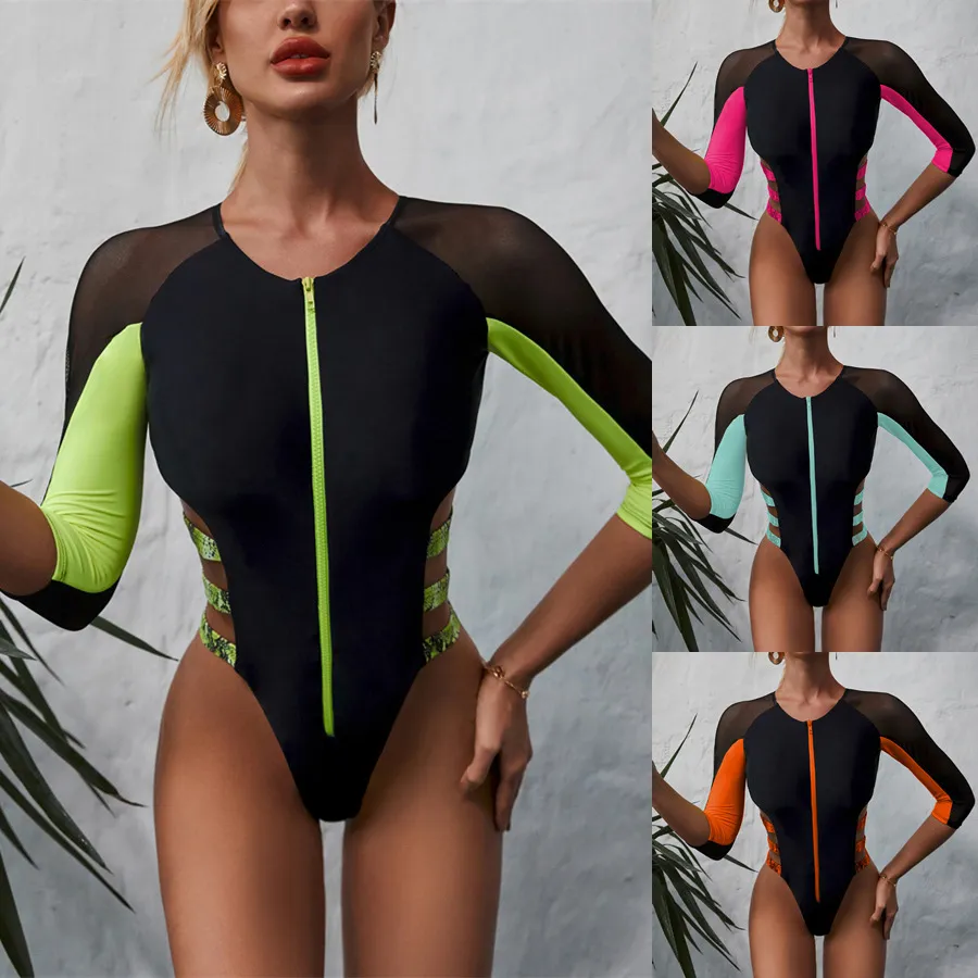 Women Fashionable Sexy Long Sleeve Color-Matching Hollow Zipper One-Piece Swimsuit