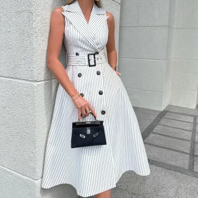 Spring Elegant Women Office Chic Stripe Sleeveless Blazer Collar Midi Dress