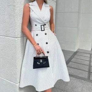 Spring Elegant Women Office Chic Stripe Sleeveless Blazer Collar Midi Dress