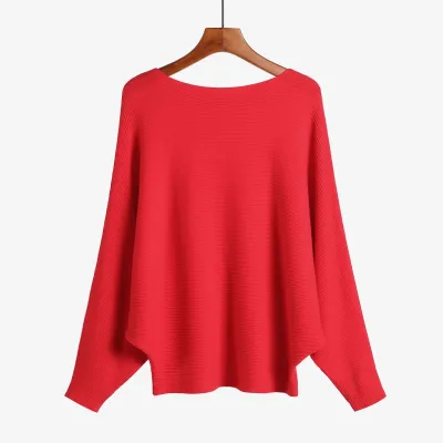 Women's Boat Neck Pullover Loose Knitted Solid Sweater