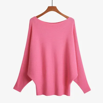 Women's Boat Neck Pullover Loose Knitted Solid Sweater