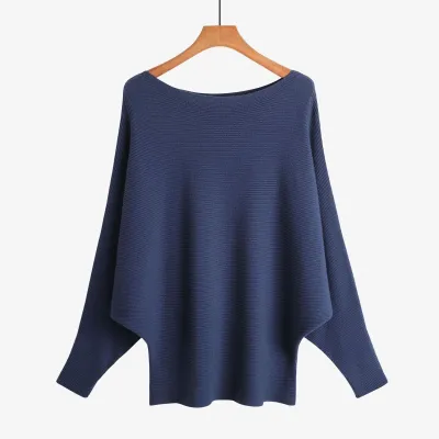 Women's Boat Neck Pullover Loose Knitted Solid Sweater