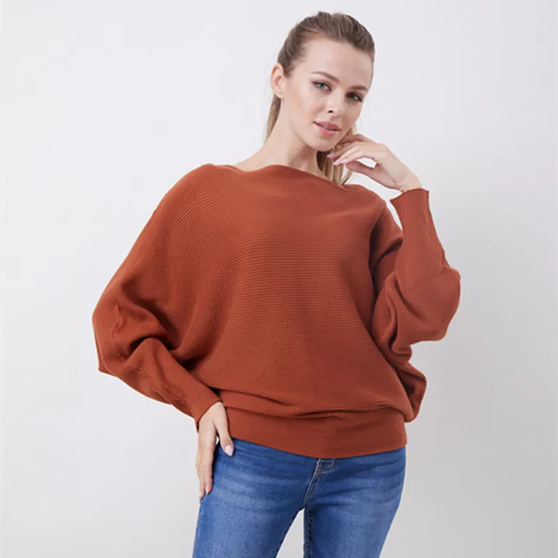 Women's Boat Neck Pullover Loose Knitted Solid Sweater