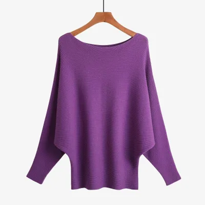 Women's Boat Neck Pullover Loose Knitted Solid Sweater