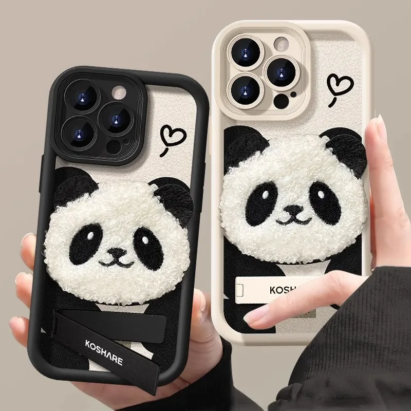Winter Cute Plush Panda Doll Stand Apple 13pro Iphone 16 Phone Case