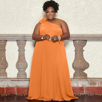 Women Plus Size Slianted Shoulder Solid Color Loose Maxi Dress