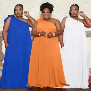 Women Plus Size Slianted Shoulder Solid Color Loose Maxi Dress
