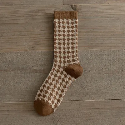 Double Needle Women Autumn Winter Pure Cotton Mid Tube Socks Plaid