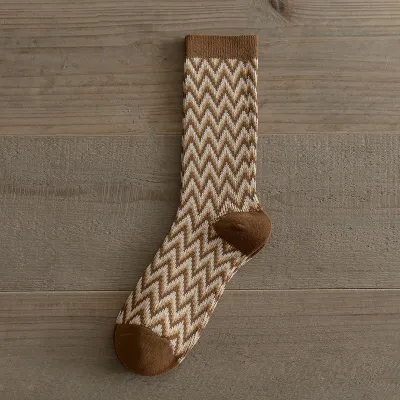 Double Needle Women Autumn Winter Pure Cotton Mid Tube Socks Plaid