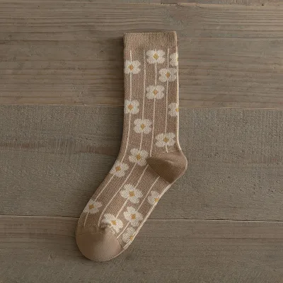 Double Needle Women Autumn Winter Pure Cotton Mid Tube Socks Plaid