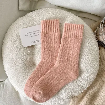 Women Warm Fleece-Lined Wool Cashmere Pink Socks For Autumn Winter