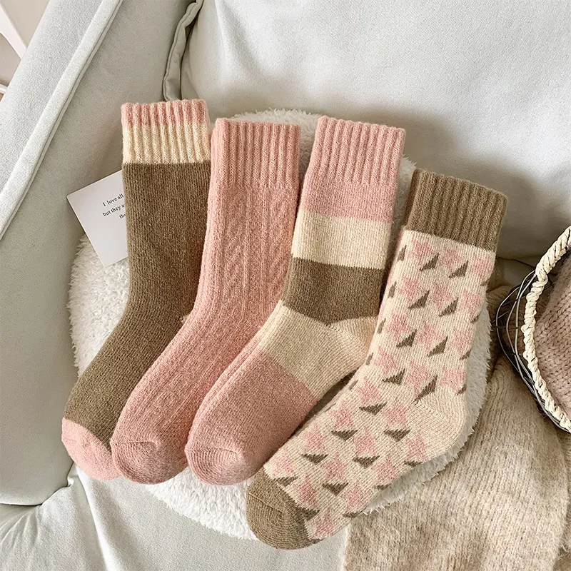 Women Warm Fleece-Lined Wool Cashmere Pink Socks For Autumn Winter