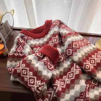Loose Casual Rhomboid Jacquard Women Knitted Winter Autumn Sweater