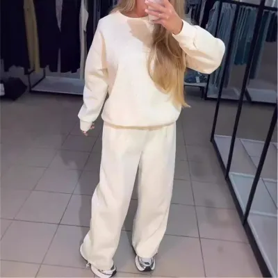Autumn Winter Women Athleisure Casual Crew Neck Long Sleeve Rhinestone Sweatshirt Pants Set