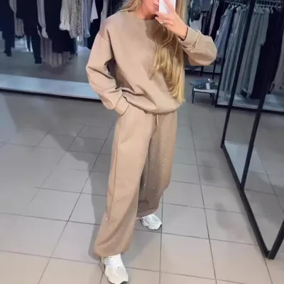 Autumn Winter Women Athleisure Casual Crew Neck Long Sleeve Rhinestone Sweatshirt Pants Set