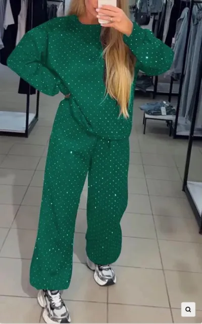 Autumn Winter Women Athleisure Casual Crew Neck Long Sleeve Rhinestone Sweatshirt Pants Set