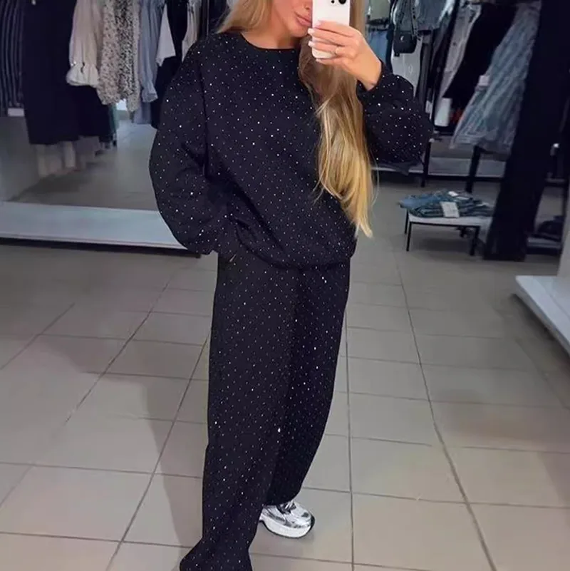 Autumn Winter Women Athleisure Casual Crew Neck Long Sleeve Rhinestone Sweatshirt Pants Set