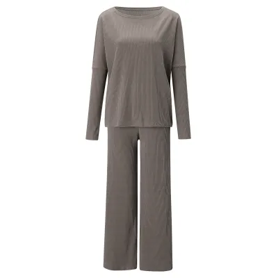 Women Autumn Winter Solid Color Round Neck Long Sleeve Top Casual Pants Set
