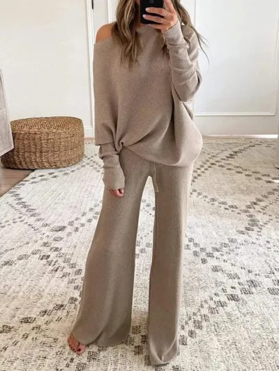 Women Autumn Winter Solid Color Round Neck Long Sleeve Top Casual Pants Set