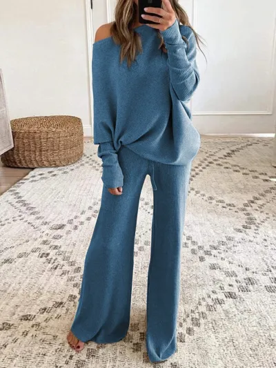 Women Autumn Winter Solid Color Round Neck Long Sleeve Top Casual Pants Set