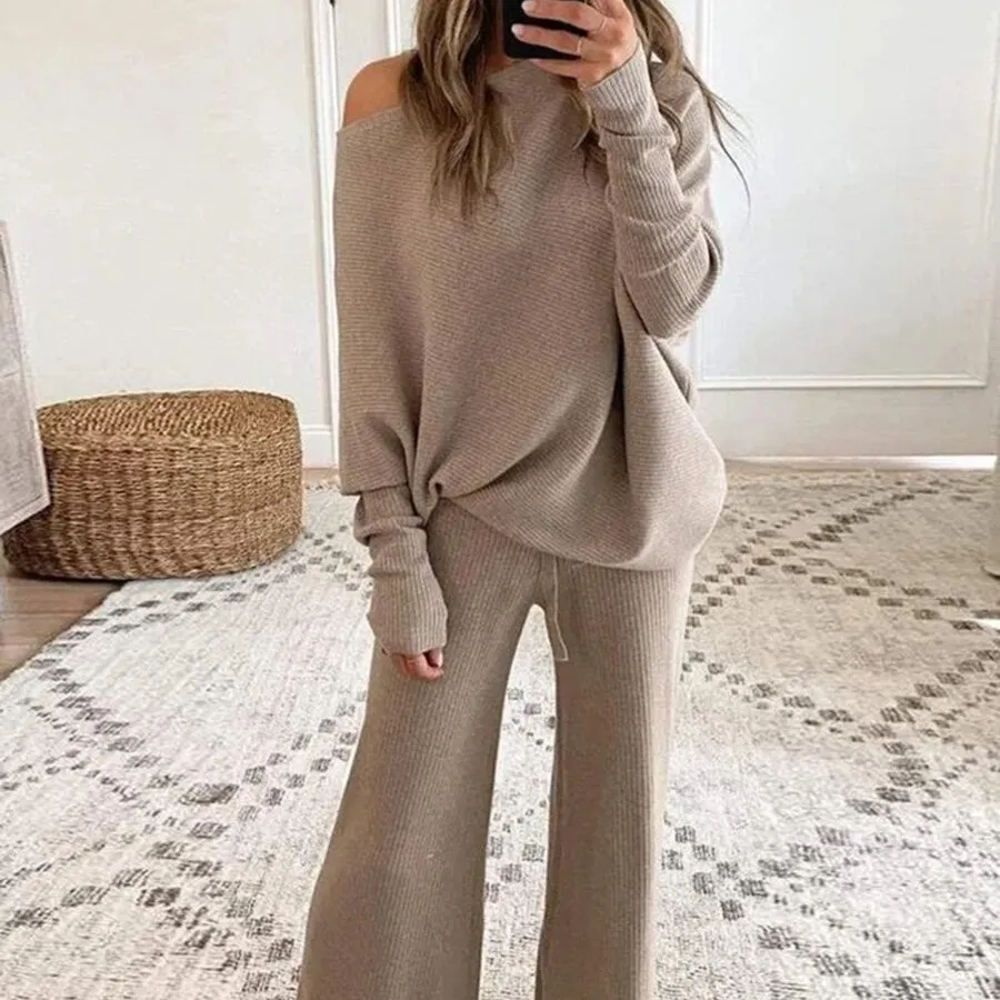 Women Autumn Winter Solid Color Round Neck Long Sleeve Top Casual Pants Set
