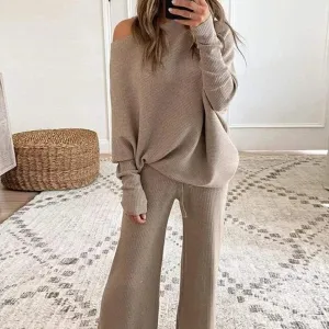 Women Autumn Winter Solid Color Round Neck Long Sleeve Top Casual Pants Set
