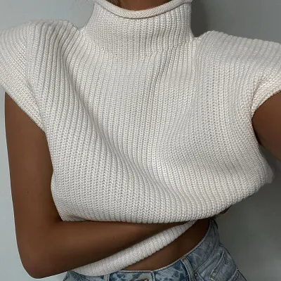 Autumn Winter Women's Sleeveless Turtle Neck Knitted Sweater Pullover Solid Color Loose Fit
