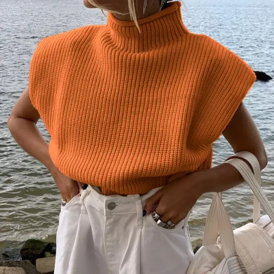 Autumn Winter Women's Sleeveless Turtle Neck Knitted Sweater Pullover Solid Color Loose Fit