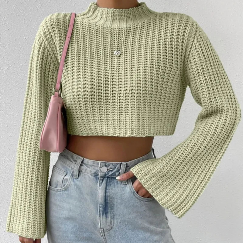 Autumn Winter Women Fashion Solid Color Long Sleeve Crop Knit Top Horn Sleeve