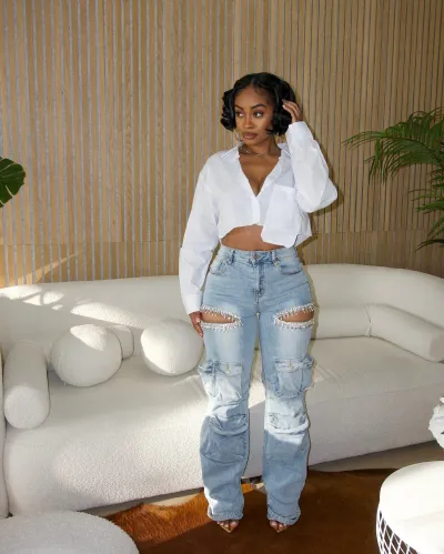 Women Fashion Hollow Rhinestone Cargo Pants Multi-Pocket Jeans