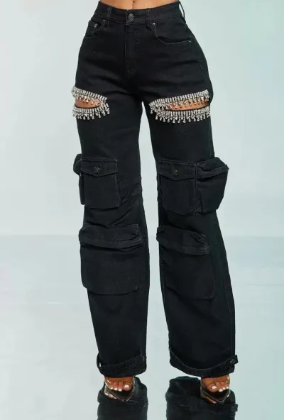 Women Fashion Hollow Rhinestone Cargo Pants Multi-Pocket Jeans