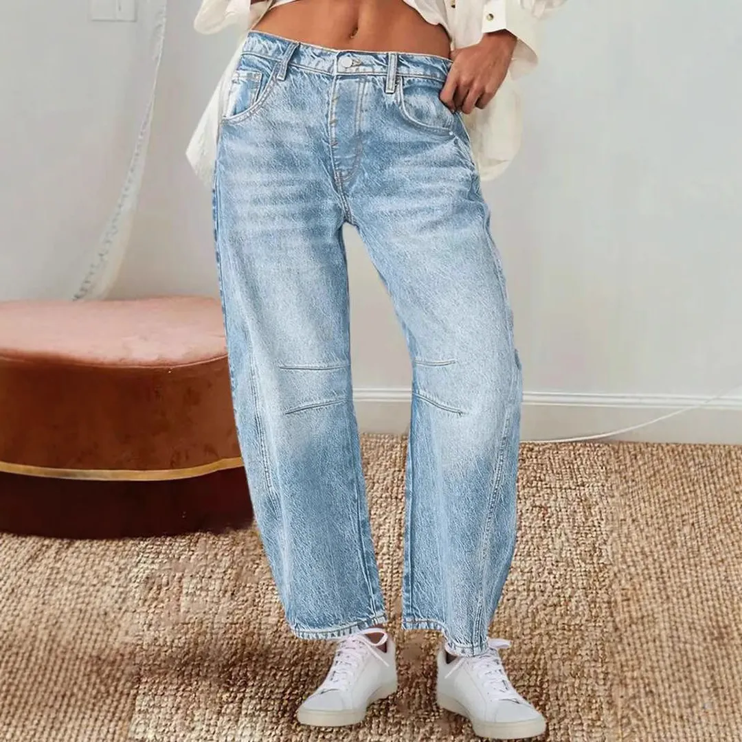 Women Vintage Banana Pants Loose Wide Leg Mid-Waist Straight Jeans